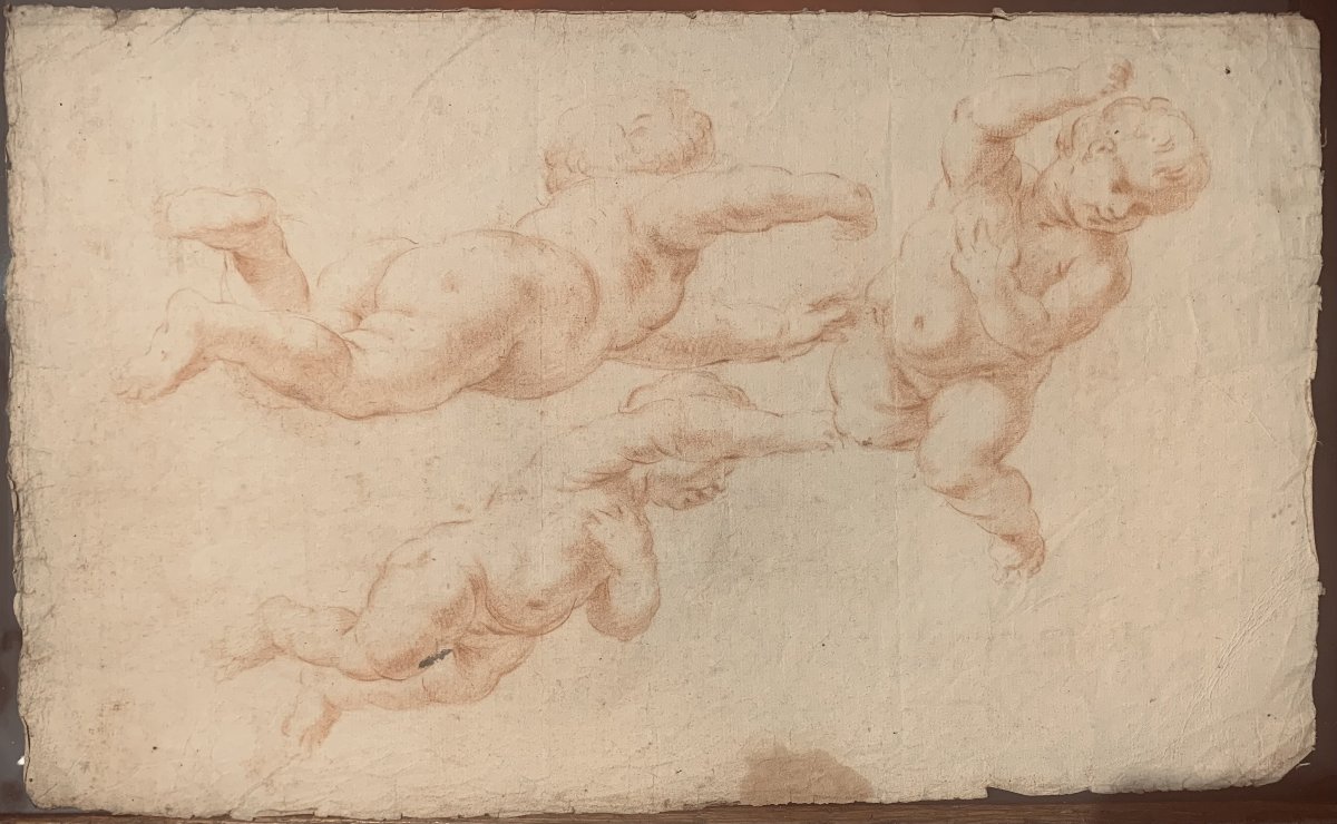 Italian School - Putti - Pair Of Red Chalk Drawings - Late 17th Century - Italy  -academy-