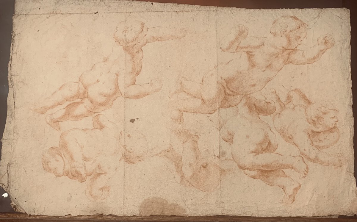 École italienne - Putti - dessin à la double sanguine - fin du XVIIe siècle - Italie - Académie