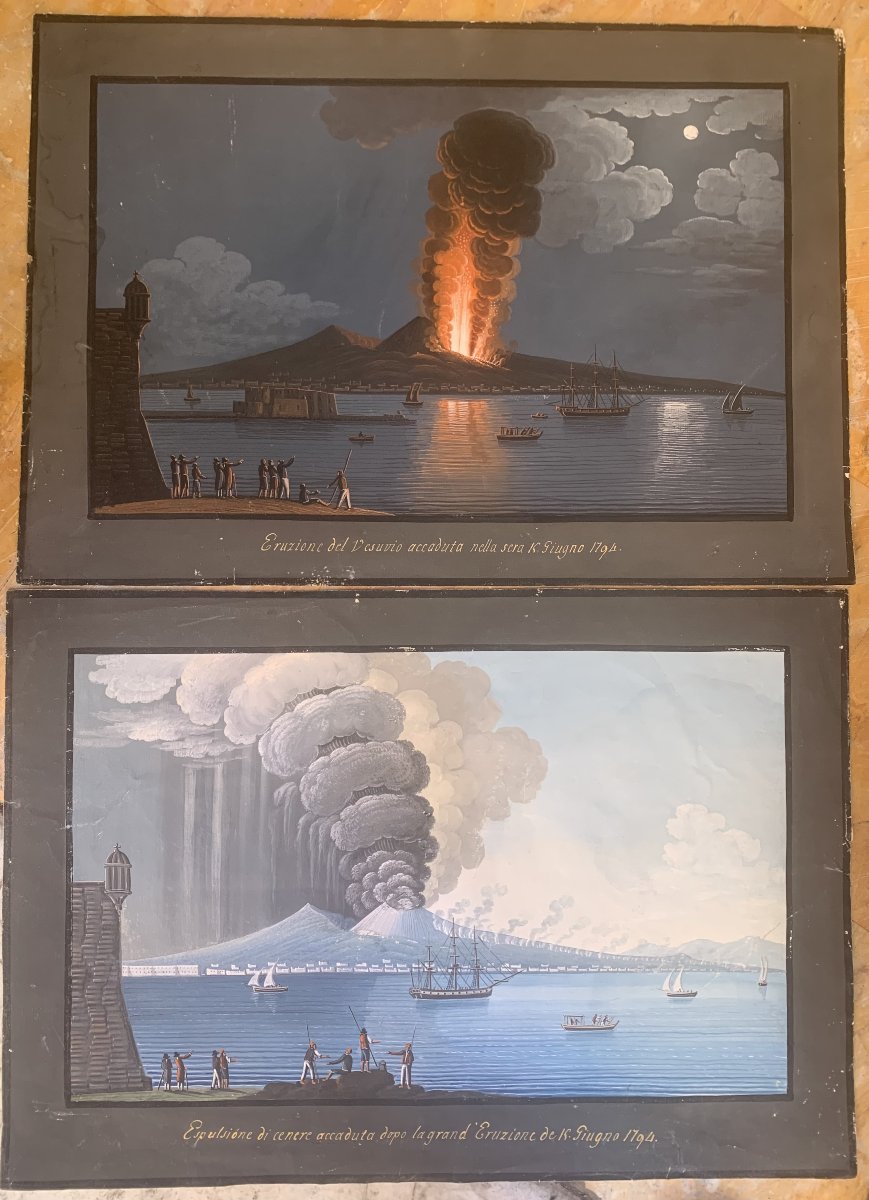 Pair Of Vesuvius Ash Eruptions, 1794 – Neapolitan Gouaches – Naples – Italy, Late 18th Century