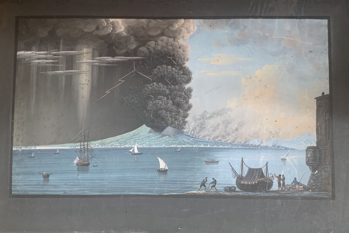 Paire d'éruptions du Vésuve, fine XVIII - Gouaches napolitaines - Naples - Italie, 1794 -photo-2