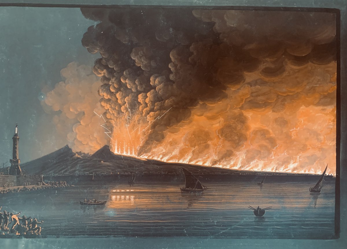 Paire d'éruptions du Vésuve, fine XVIII - Gouaches napolitaines - Naples - Italie, 1794 -photo-1