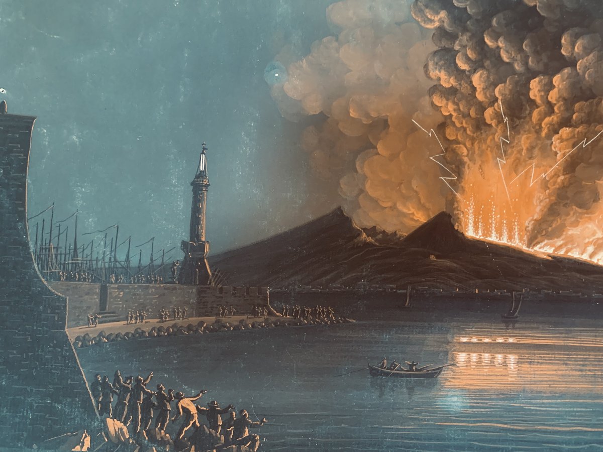 Paire d'éruptions du Vésuve, fine XVIII - Gouaches napolitaines - Naples - Italie, 1794 -photo-3