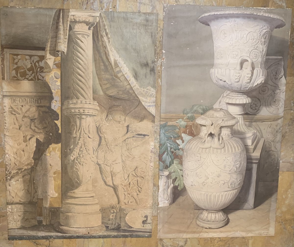 Deux grandes études décoration intérieure avec antiquités - Claudio Monticelli, 1910 ca Rome-photo-2