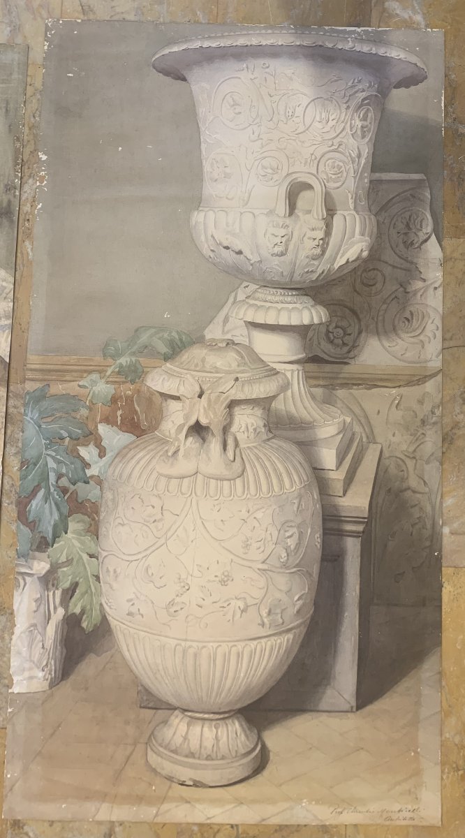 Deux grandes études décoration intérieure avec antiquités - Claudio Monticelli, 1910 ca Rome-photo-4