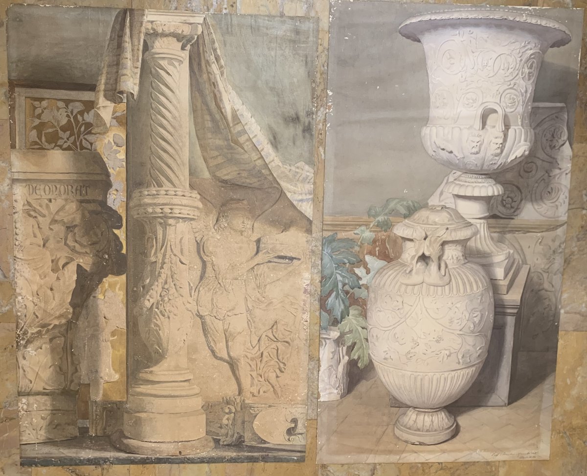 Deux grandes études décoration intérieure avec antiquités - Claudio Monticelli, 1910 ca Rome