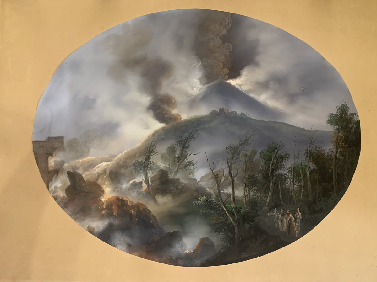 Neapolitan School - Two Major Eruptions Of Vesuvius - C. 1850, Naples - Gouache, Italian Grand Tour-photo-4
