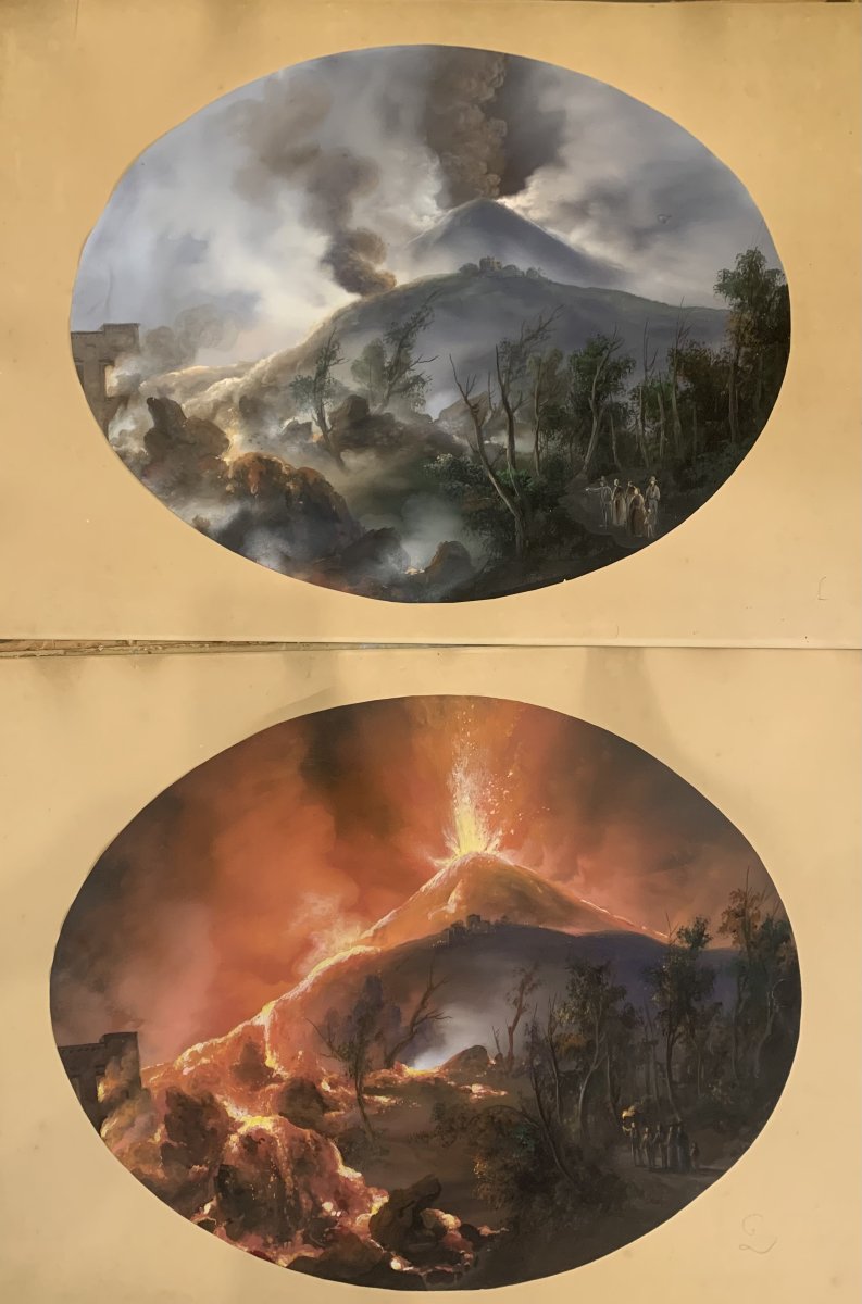 Neapolitan School - Two Major Eruptions Of Vesuvius - C. 1850, Naples - Gouache, Italian Grand Tour