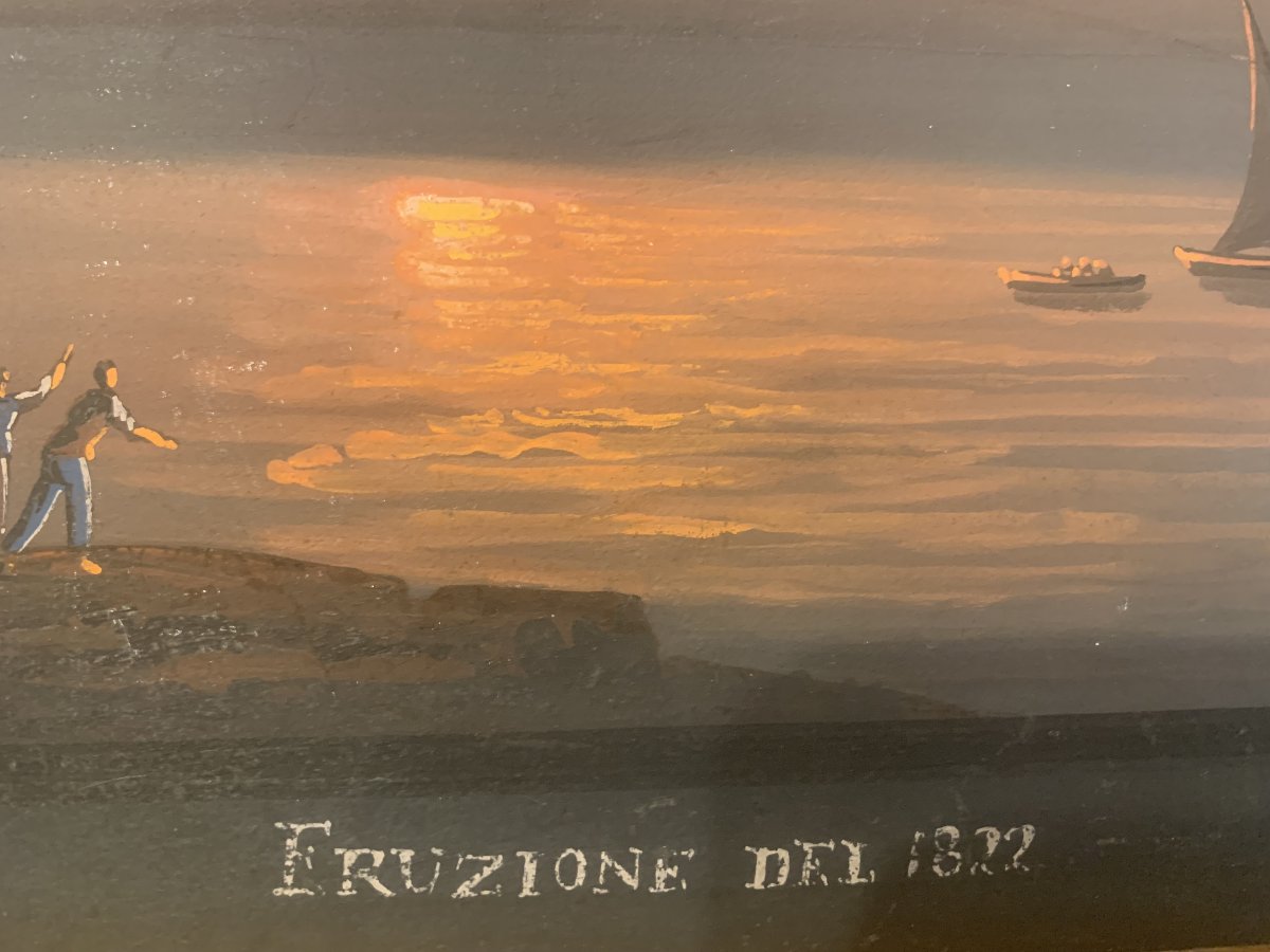 C. de Vito (attr.) Éruption nocturne du Vésuve de 1822, gouache napolitaine - Naples Italie-photo-1
