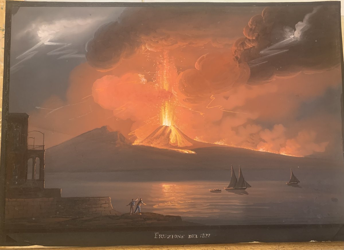 C. de Vito (attr.) Éruption nocturne du Vésuve de 1822, gouache napolitaine - Naples Italie
