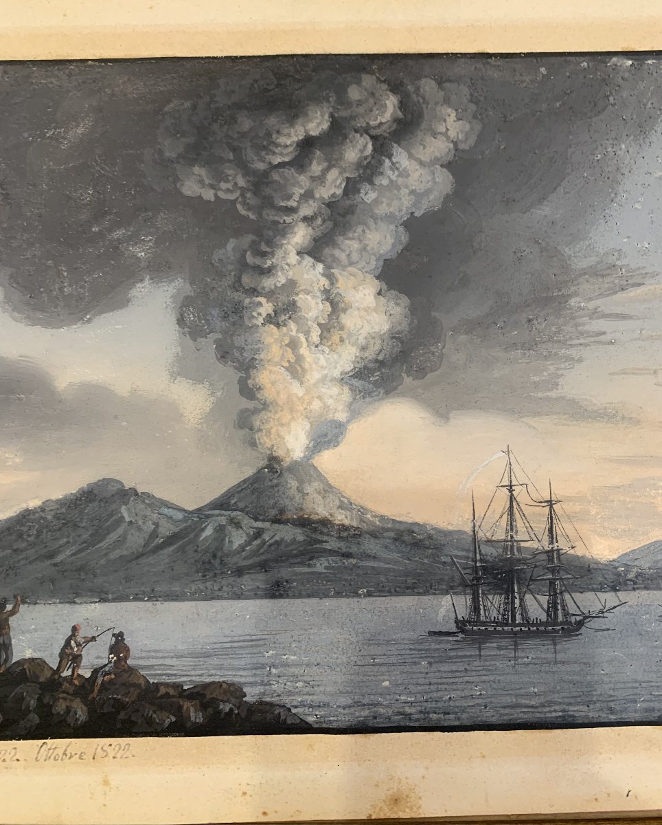 Neapolitan School - Ash Eruption Of 1822 - Vesuvius, Naples, Italy, Gouache-photo-2