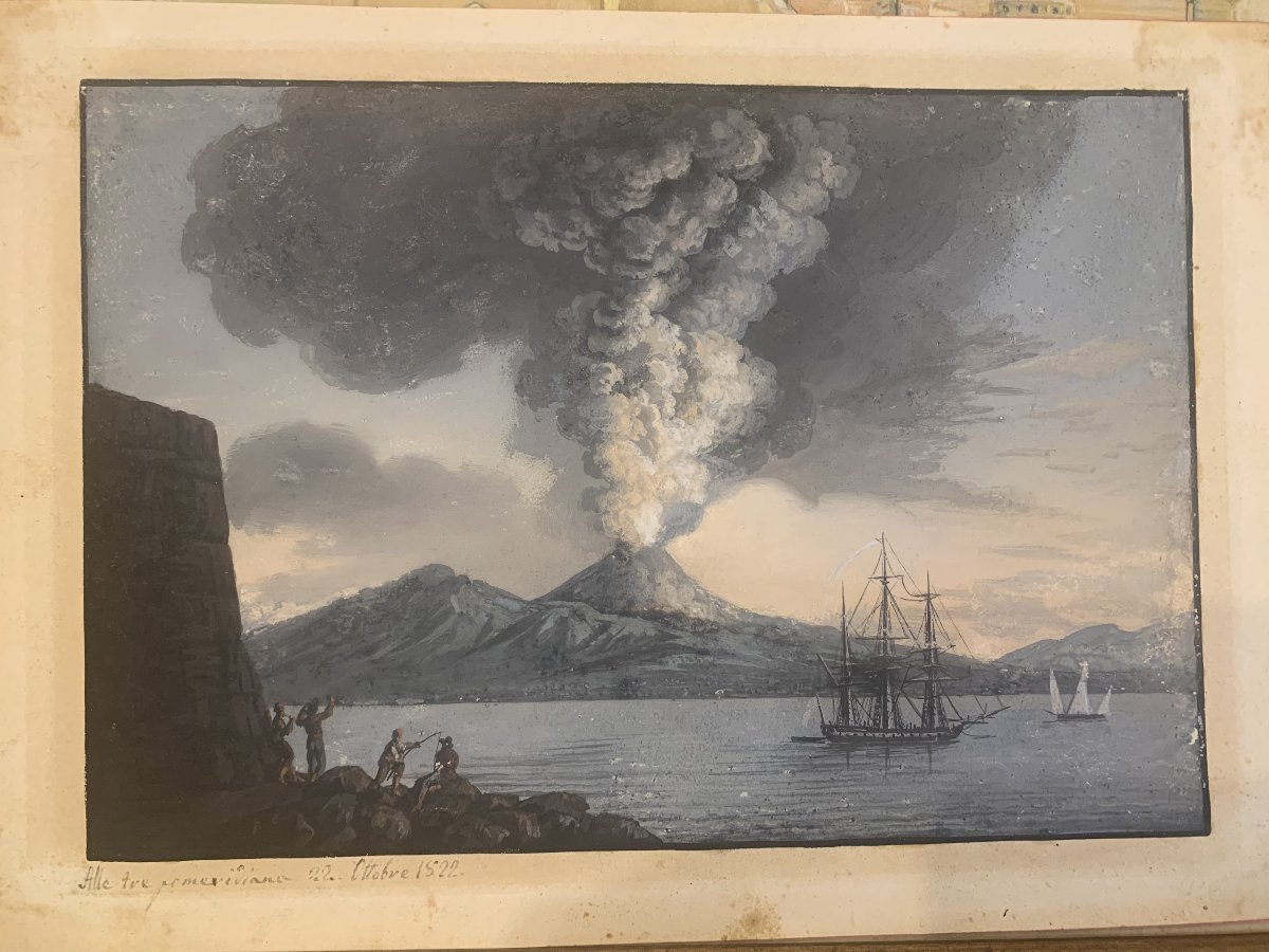 Neapolitan School - Ash Eruption Of 1822 - Vesuvius, Naples, Italy, Gouache