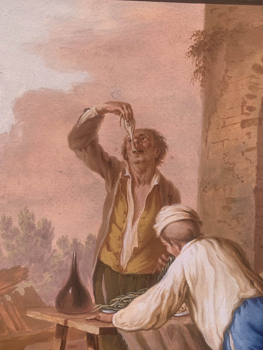 Saverio Della Gatta - Eating Macaroni In Naples - Neapolitan Gouache - Costumes, Late 18th Century -photo-2
