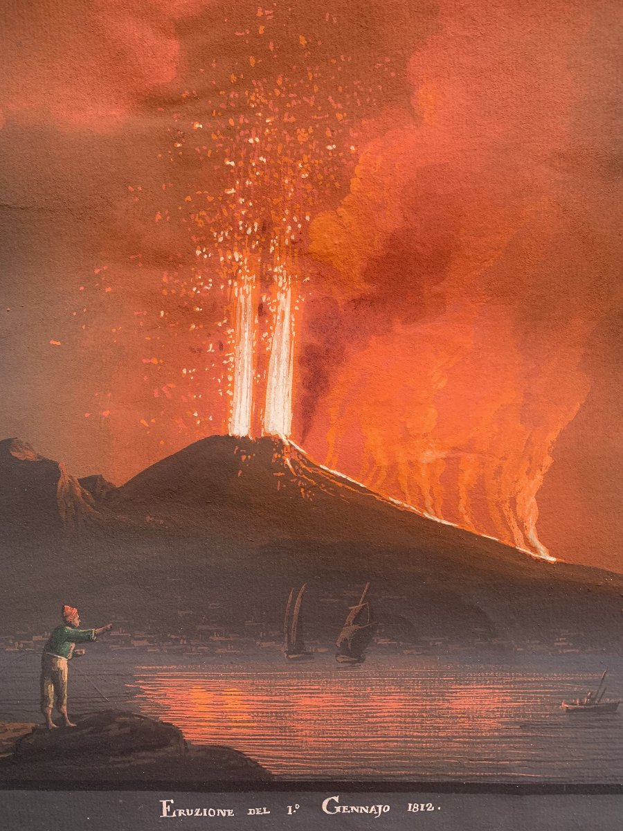 George Glass - Eruption Of Vesuvius,night 1812 - Naples - Neapolitan Gouache - Grand Tour Italy-photo-1