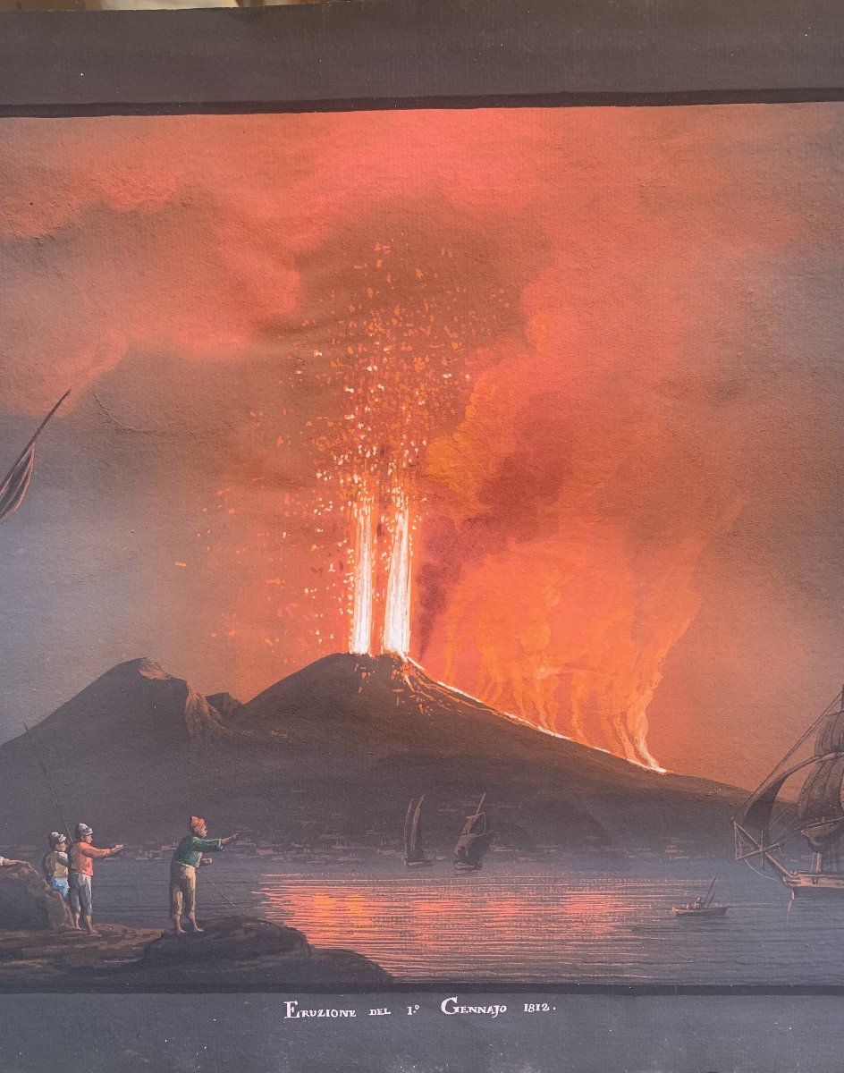 George Glass - Eruption Of Vesuvius,night 1812 - Naples - Neapolitan Gouache - Grand Tour Italy-photo-2
