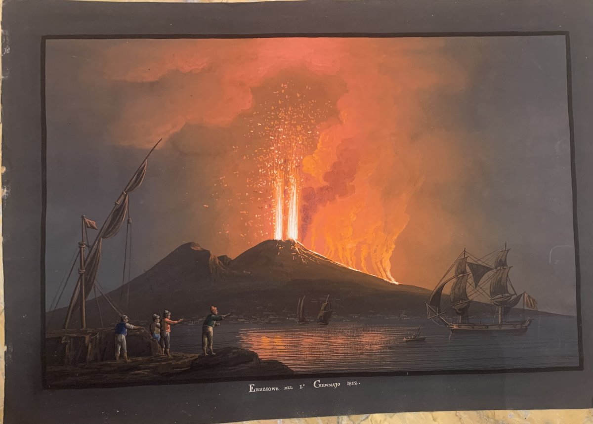 George Glass - Eruption Of Vesuvius,night 1812 - Naples - Neapolitan Gouache - Grand Tour Italy