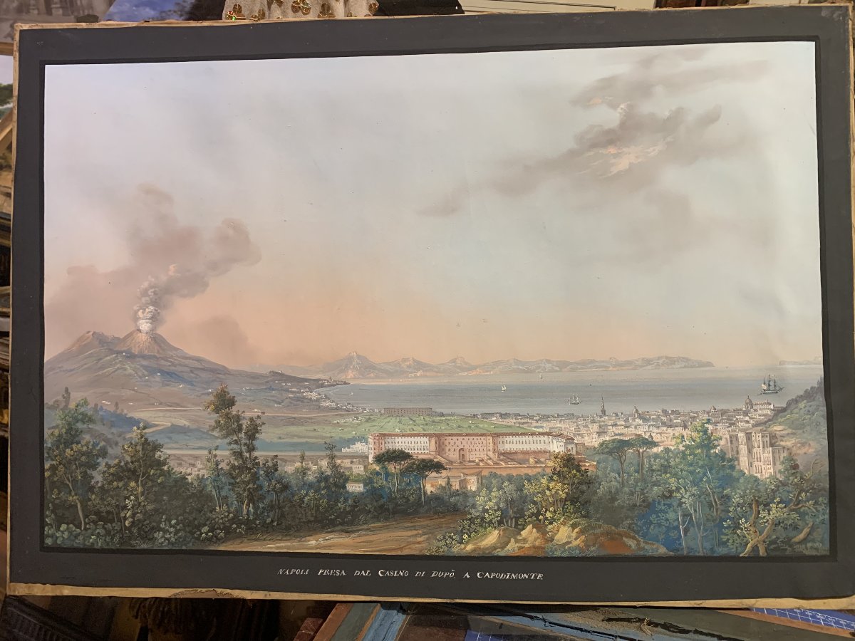 C. de Vito (attribué à) – Naples vue de Capodimonte – gouache napolitaine – Grand Tour, Vésuve