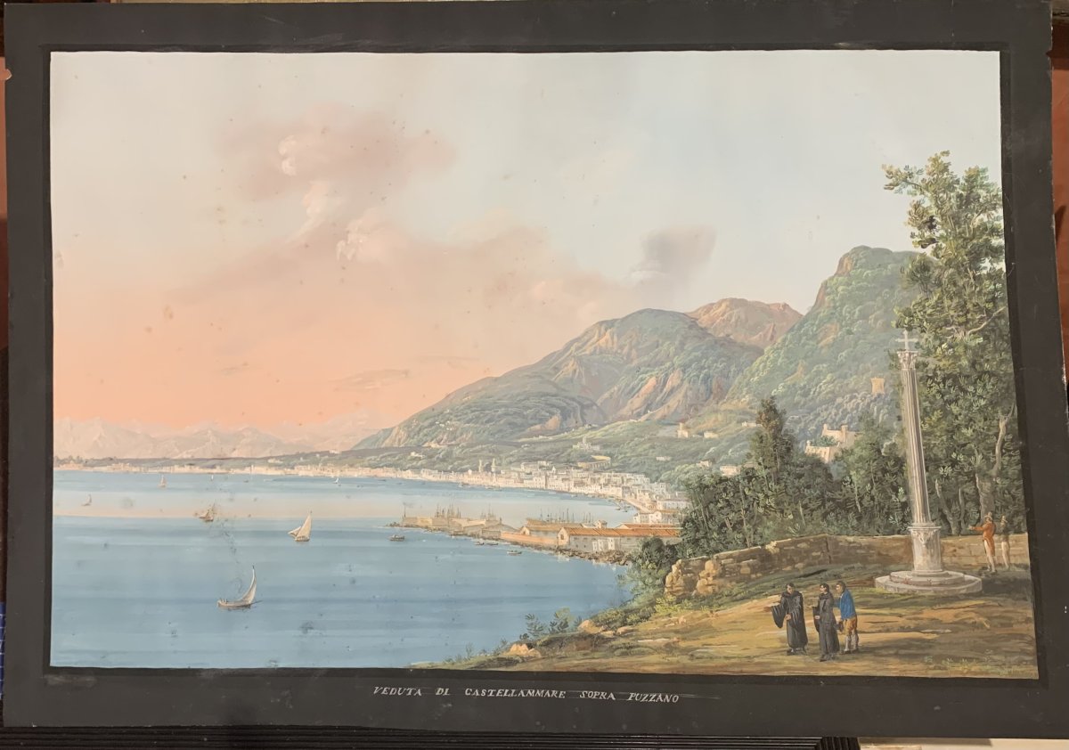 C. De Vito (actor) Castellammare—gouache—neapolitan—grand Tour Of Vesuvius 