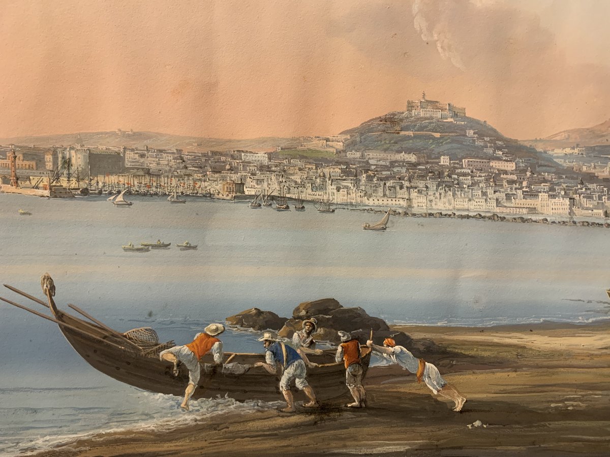 C. de Vito (attribué à) : Naples depuis le Carmine – gouache – napolitaine – Grand Tour Vesuve-photo-1