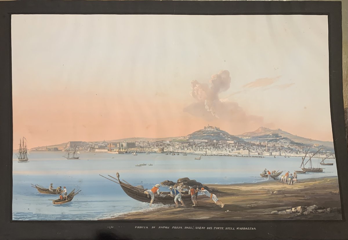 C. de Vito (attribué à) : Naples depuis le Carmine – gouache – napolitaine – Grand Tour Vesuve