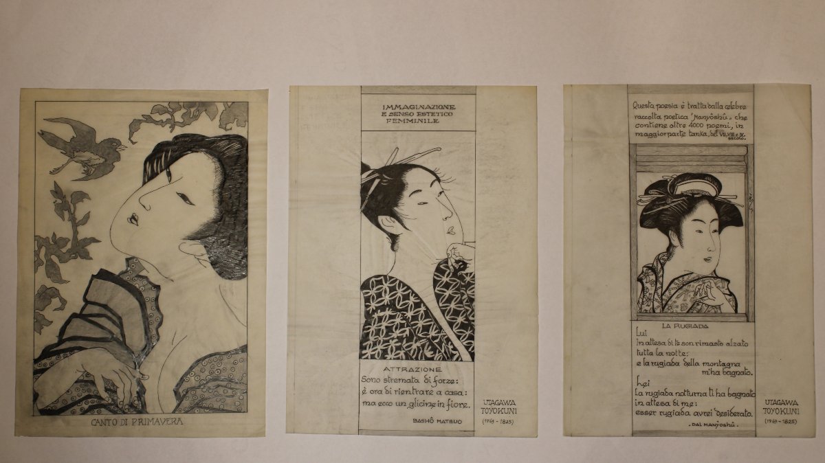 3 dessins d'après des xylographies de Kitagawa Utamaro, Japon, Italie, XXe siècle