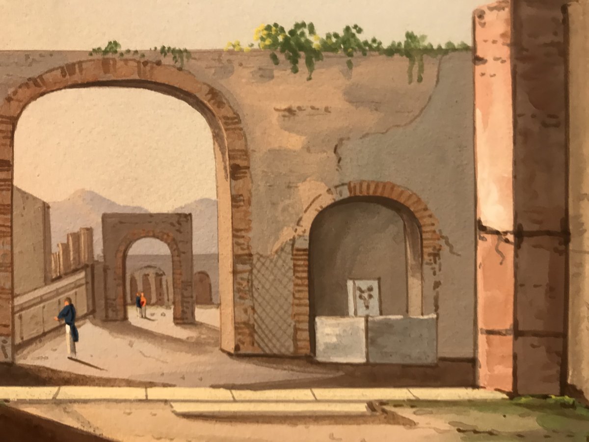 Mauton - Una Porta Del Foro A Pompei- Gouache - 1830 Ca-photo-4