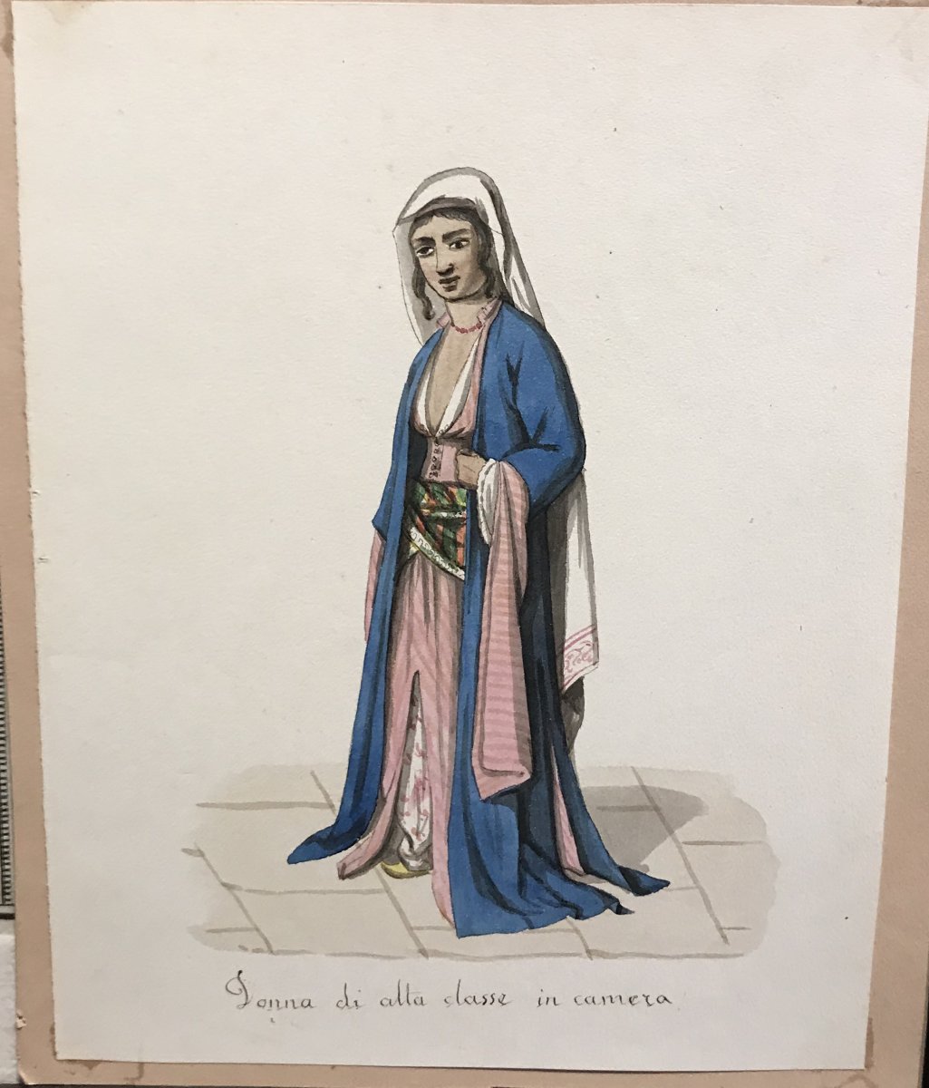 Italian School, Suite Of 12 Islamic Costumes, Watercolors 1830 Ca. Orientalist-photo-2