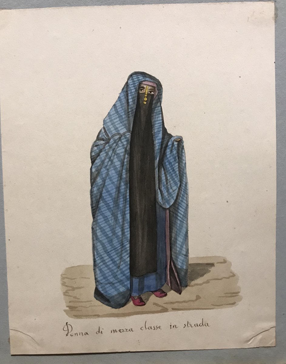 Italian School, Suite Of 12 Islamic Costumes, Watercolors 1830 Ca. Orientalist-photo-7