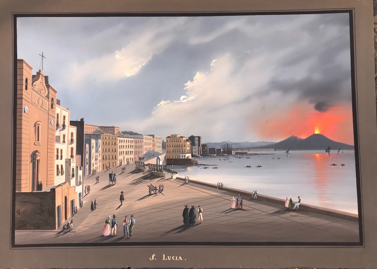 Napoleonic School - View Of Santa Lucia In Naples - 1850 Ca Gouache