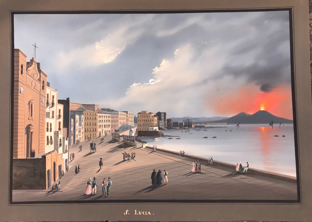 Ecole Napolitaine- Vue De Santa Lucia A Naples - 1850 Ca Gouache napolitaine Italie