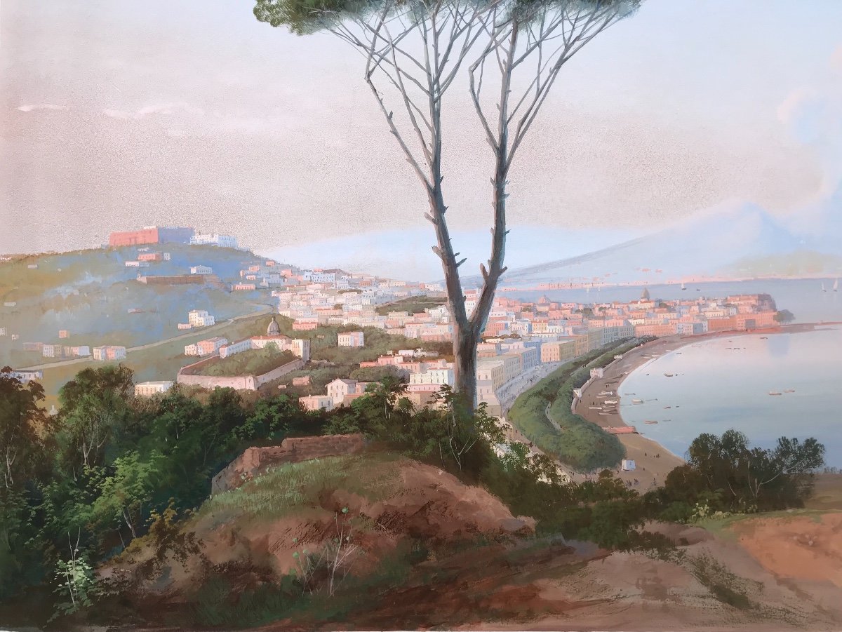 Gioacchino La Pira - Vue De Naples - Gouache - Signee 1850 Ca Napolitaine - Italie --photo-4