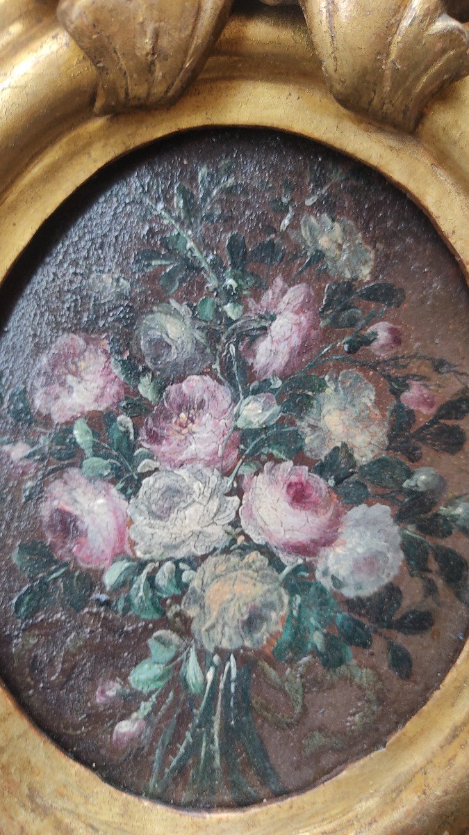 Magnificent Pair Of Bouquet Of Flowers From The End Of The 17th Century On Wood-photo-1