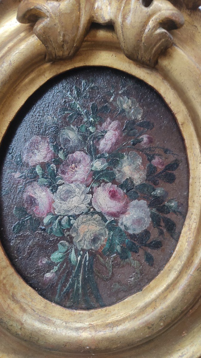 Magnificent Pair Of Bouquet Of Flowers From The End Of The 17th Century On Wood-photo-3