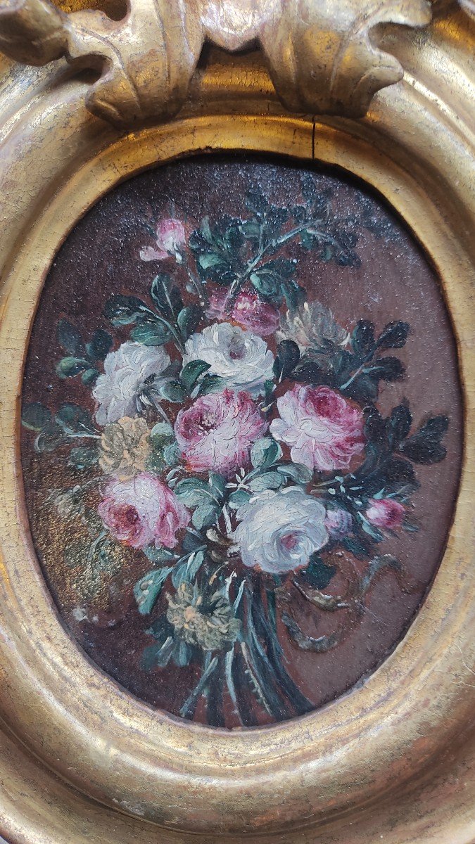 Magnificent Pair Of Bouquet Of Flowers From The End Of The 17th Century On Wood-photo-6