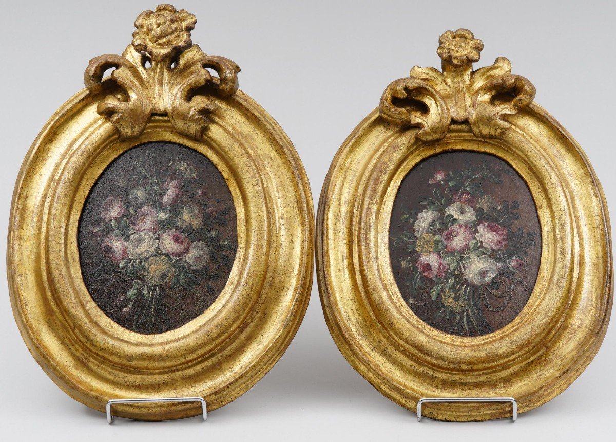 Magnificent Pair Of Bouquet Of Flowers From The End Of The 17th Century On Wood