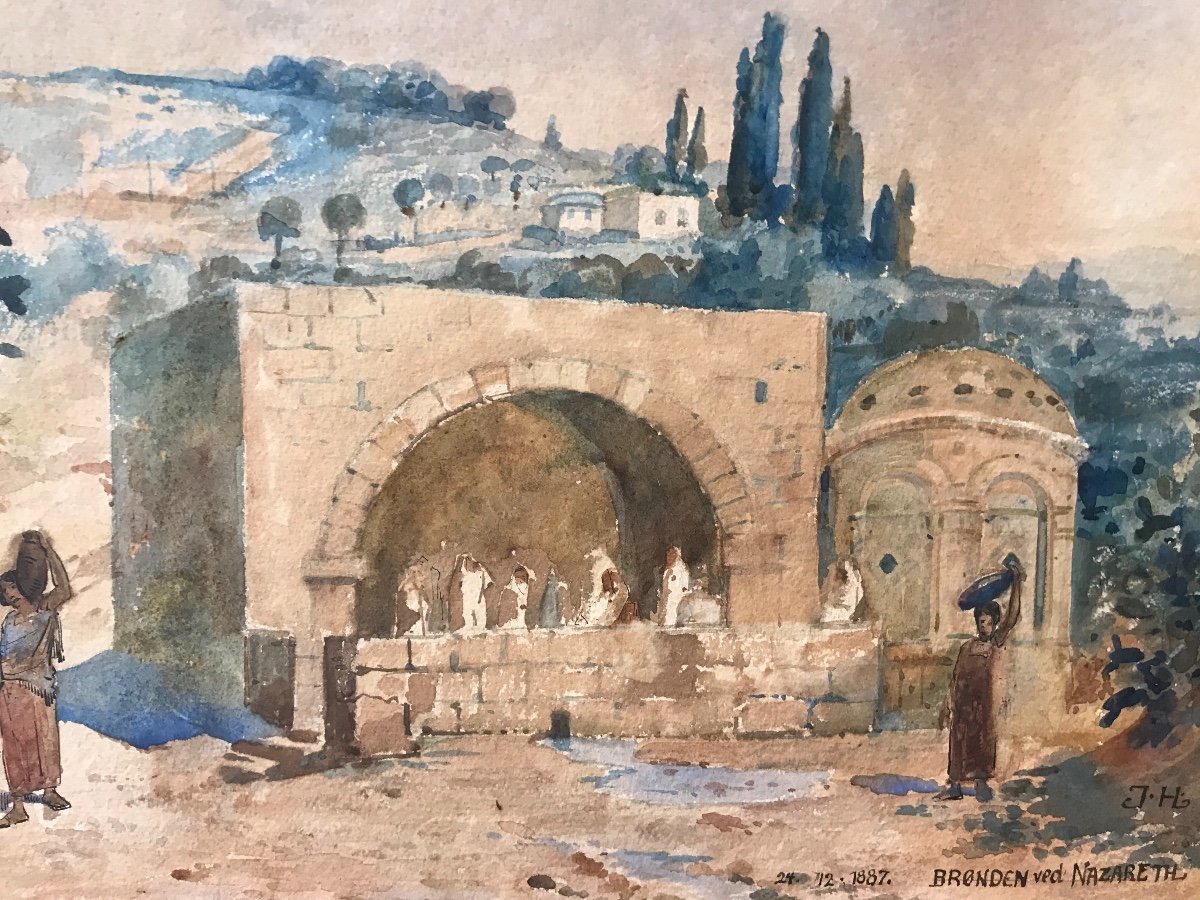 Source à Nazareth - Israël - Aquarelle - 1887 - J.h.  Danois -