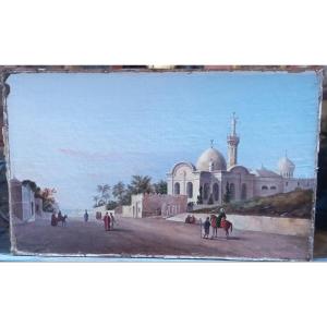 Peintre Orientaliste Milieu XIXe Siècle Vue d'Une Mosquée Avec Minaret, Belle Peinture à l'Huil