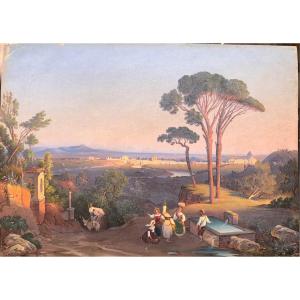 Ignaz Pfyffer von Altishofen -Vue De Rome - 1830 Ca  Huile Sur Papier - Italie Grand Tour Suisse