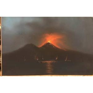 Gouache napolitaine  de l' Eruption De Vesuve- 1870 Ca  Naples Grand Tour Italie 