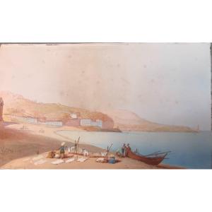 Paolo Andrea Deangelis - 2 Vues De Nice -gouaches -1845 Ca France Italie Rome Malta Cote d'Azur