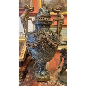 Marble Vase With Bronze Inserts Depicting Floral Motifs And Cherubs, Italy-france