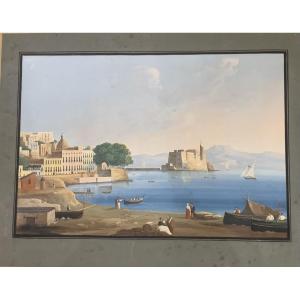 Gioacchino La Pira - Naples -gouache Chiatamone - Vésuve Italie Grand Tour napolitaine