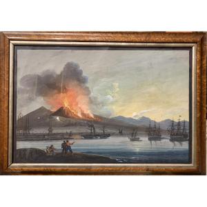 École napolitaine - Éruption du Vésuve nuit - 1840 environ - Grand Tour  Naples  Italie 