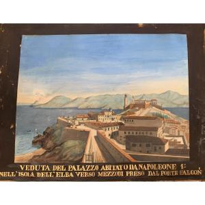 École italienne, palais habité par Napoléon, île d'Elbe - aquarelle, France, français