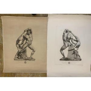 Canova - Hercule et Lichas - Graveur de Fontana - vers 1820 2 eaux-fortes de nus masculins