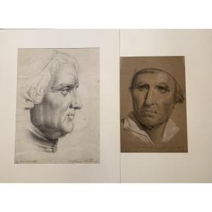 Clemente Delpiano - Two Drawings Of Male Portraits - 1883 - Male Portraits, Italy 