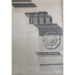 Study Of A Roman Pediment – Watercolor, Ca. 1830 – Architecture, Italy, Rome – Academy