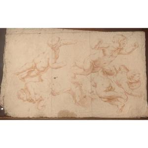 École émilienne - Putti - dessin à la double sanguine - fin du XVIIe siècle - Italie - Académie