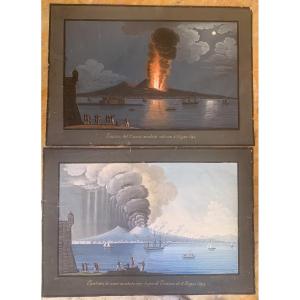 Pair Of Vesuvius Ash Eruptions, 1794 – Neapolitan Gouaches – Naples – Italy, Late 18th Century