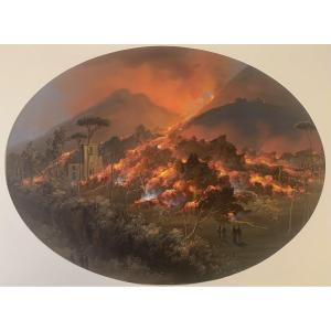 Neapolitan School—gouache—nighttime Eruption Of Vesuvius—crater—naples 