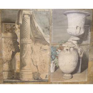 Deux grandes études décoration intérieure avec antiquités - Claudio Monticelli, 1910 ca Rome